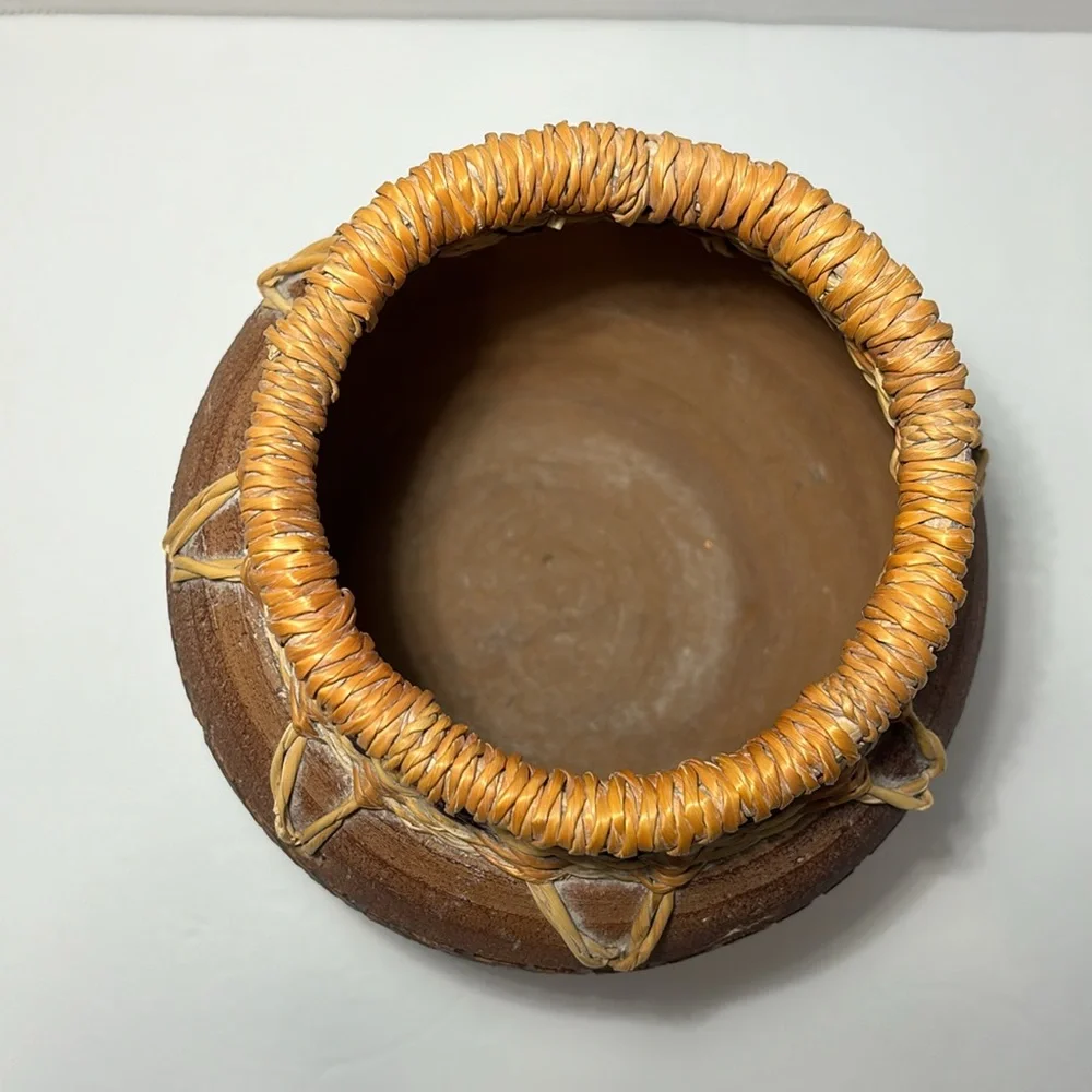 Pier 1 Clay Pot Handcrafted Woven Rattan/Straw Trim Around Rim Carved Clay Band
